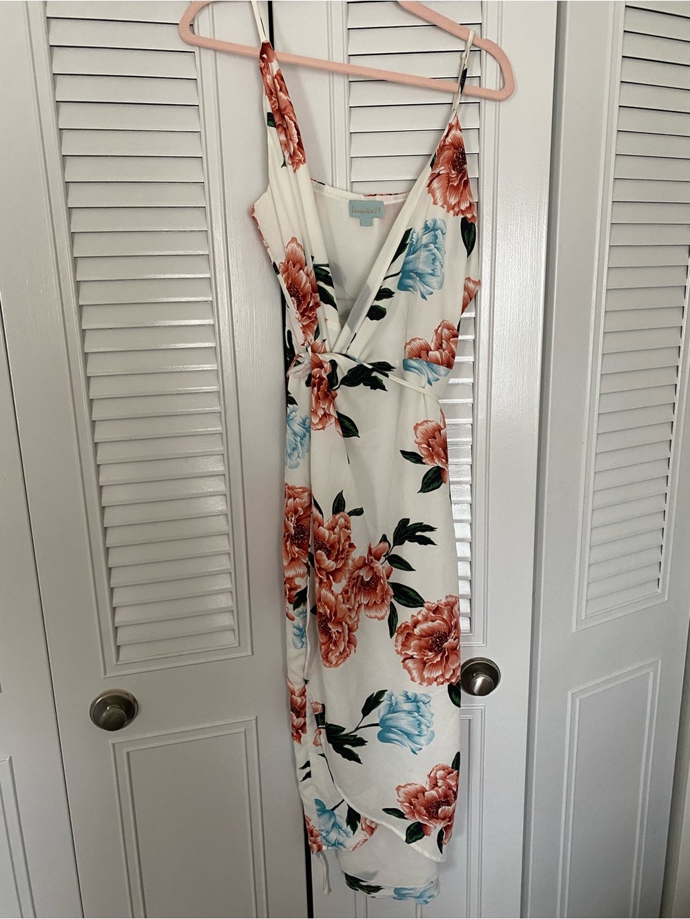 Veronica M Cream Wrap Midi Dress with Coral & Light Blue Floral Print